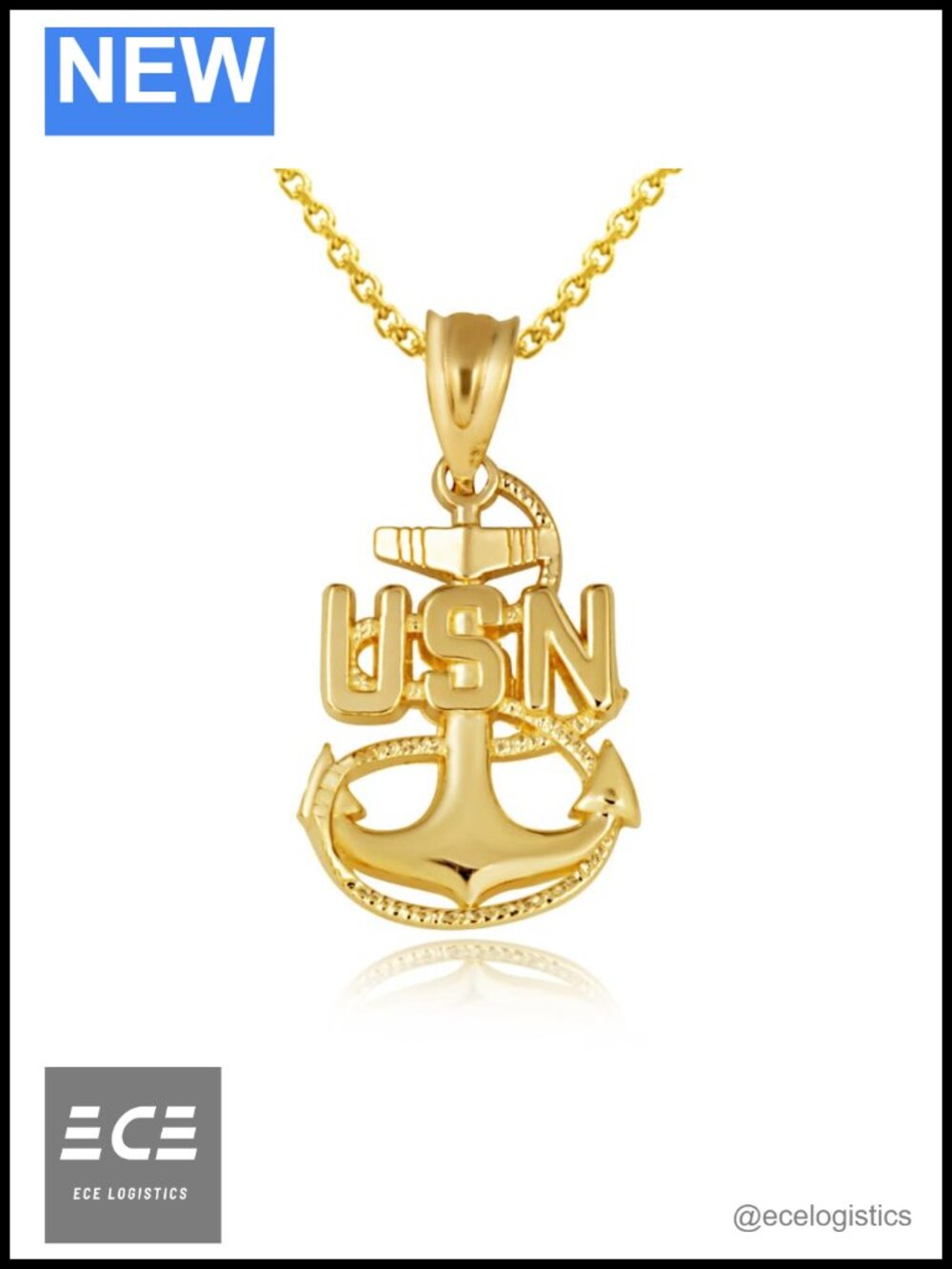 14K Solid Gold US Navy Chief Petty Officer Anchor Pendant Necklace Rolo Chain